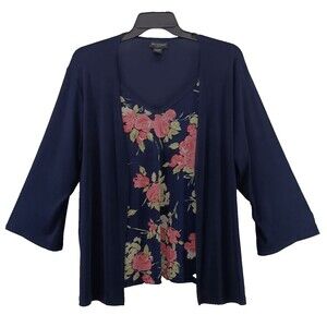 Bay Studio Blouse Womens Size 2X Dark Blue Floral Lace V Neck Layered 2 in 1 Top